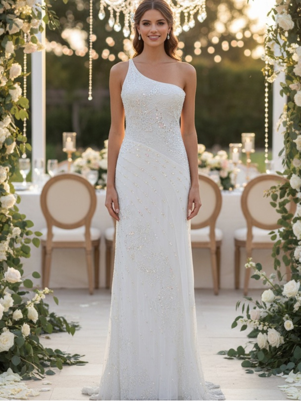 One-Shoulder hand beaded White Wedding Gown made on stretch power mesh fabric